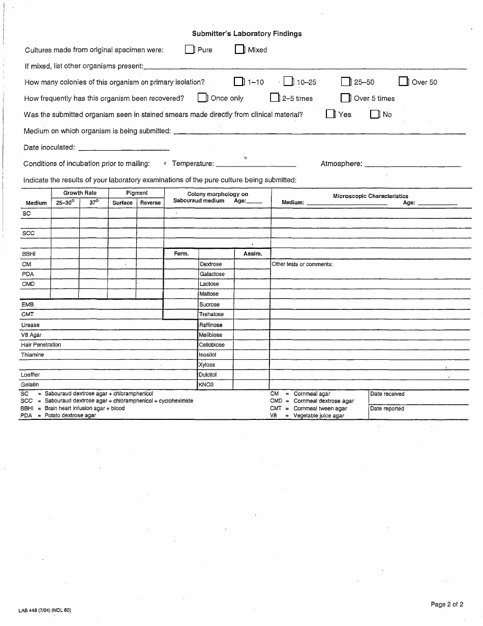 Form LAB448 (MDL60) Fungus Culture for Identification - California, Page 2