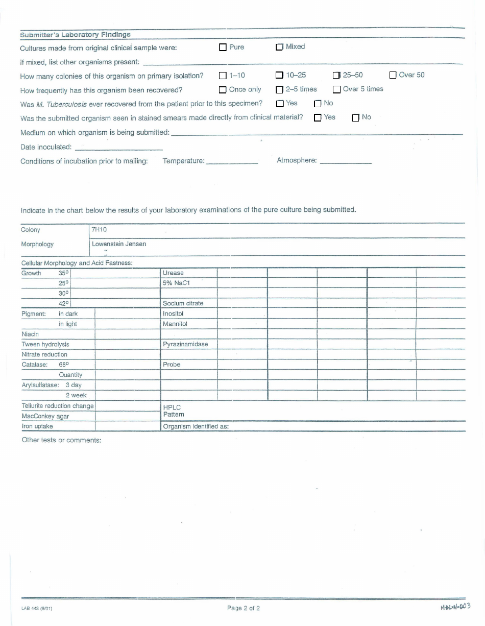 Form LAB443 Culture for Identification - Mycobacteria - California, Page 2
