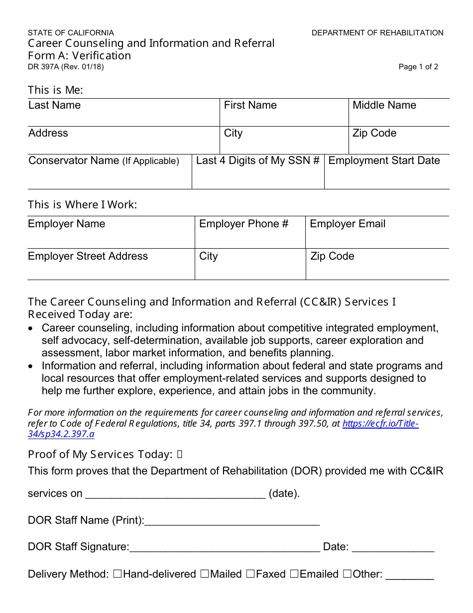 Form DR397A Career Counseling and Information and Referral Form a - Verification - California, Page 1