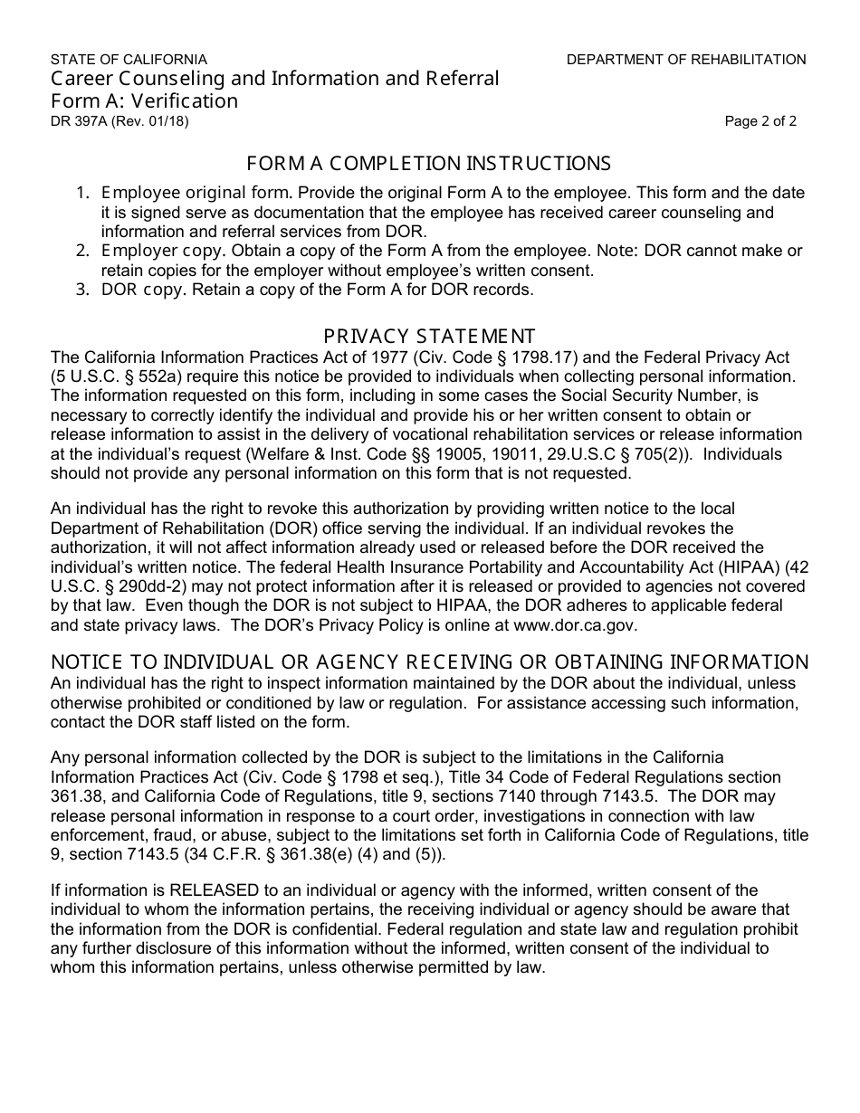 Form DR397A Career Counseling and Information and Referral Form a - Verification - California, Page 2
