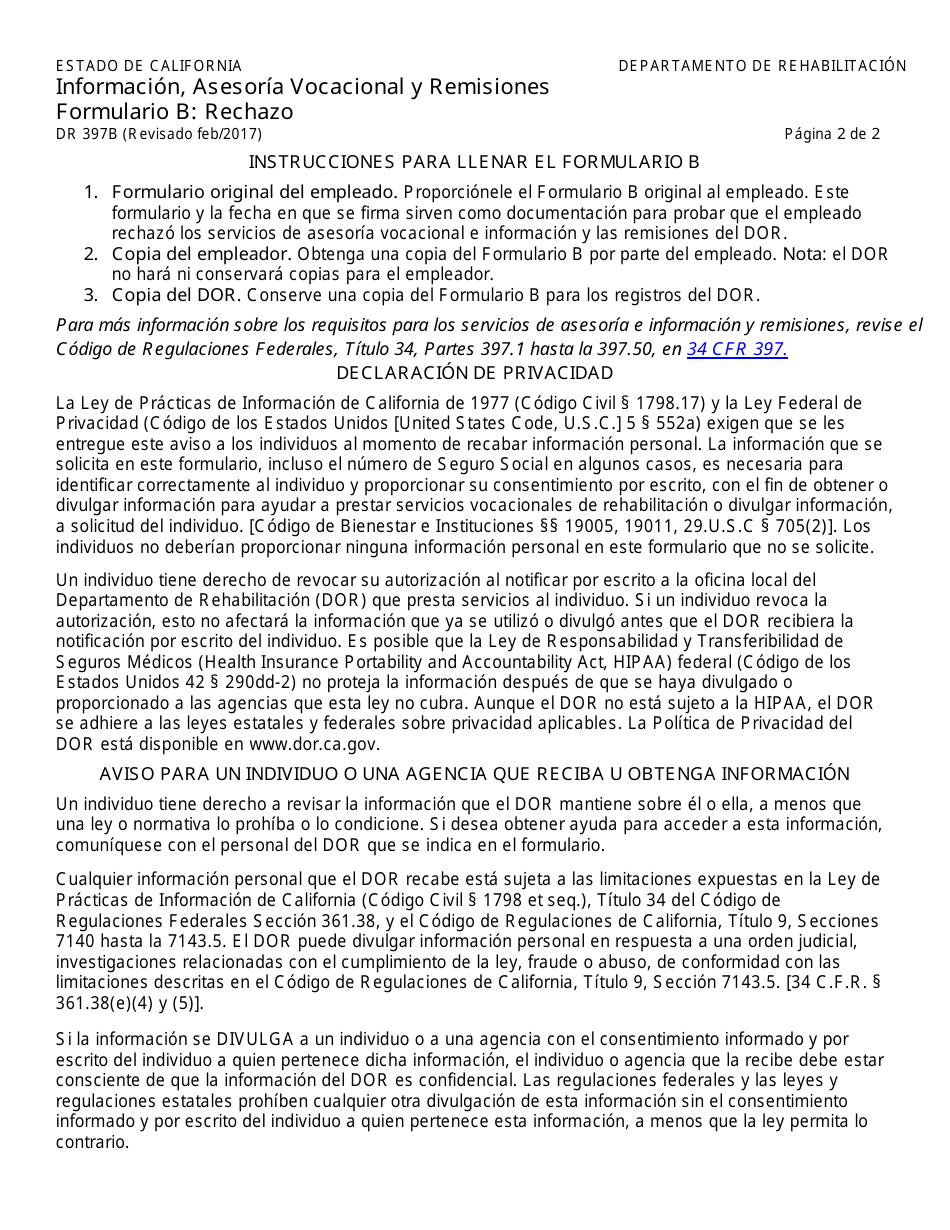 Formulario DR397B Informacion, Asesoria Vocacional Y Remisiones Formulario B - Rechazo - California (Spanish), Page 2