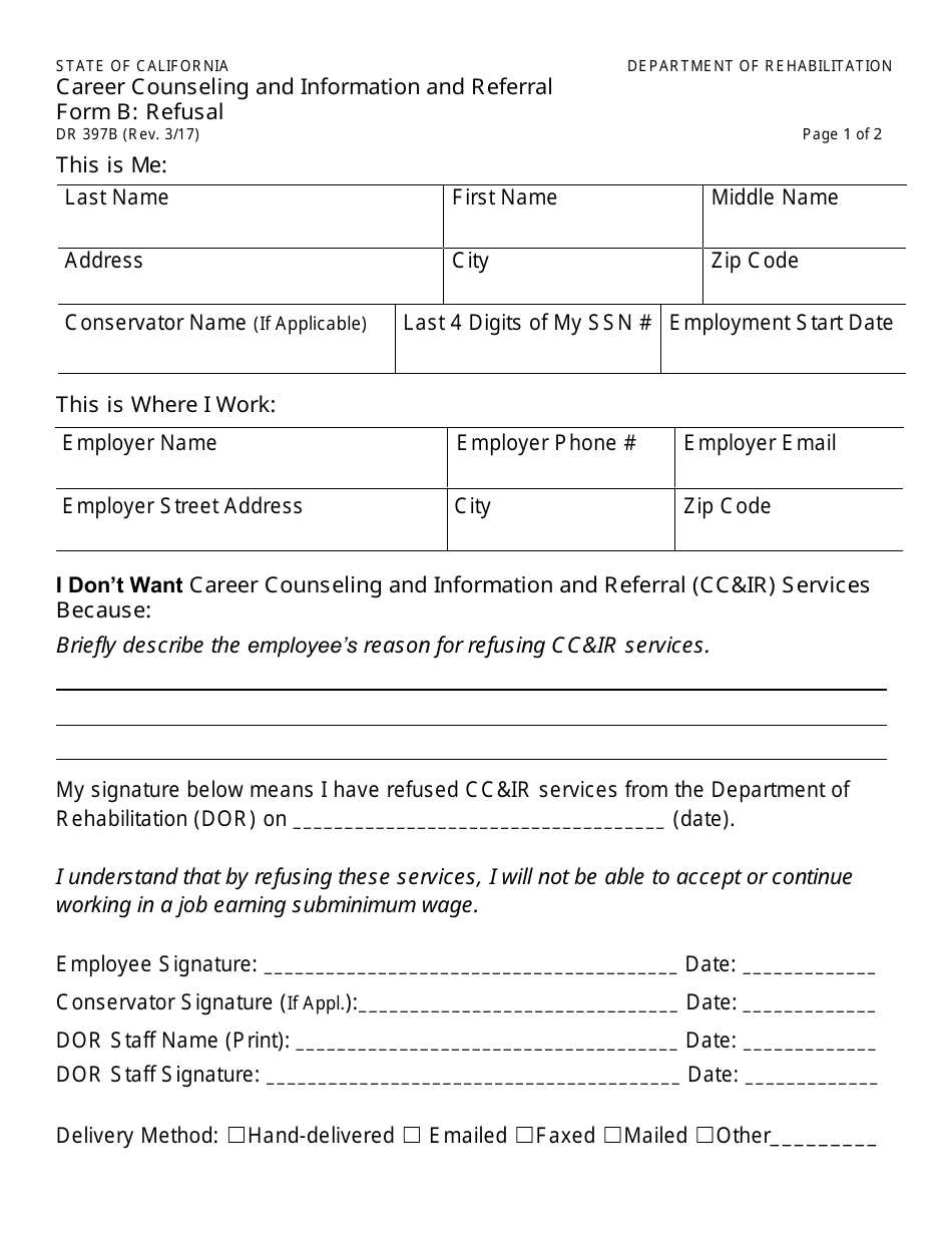 Form DR397B Career Counseling and Information and Referral Form B - Refusal - California, Page 1