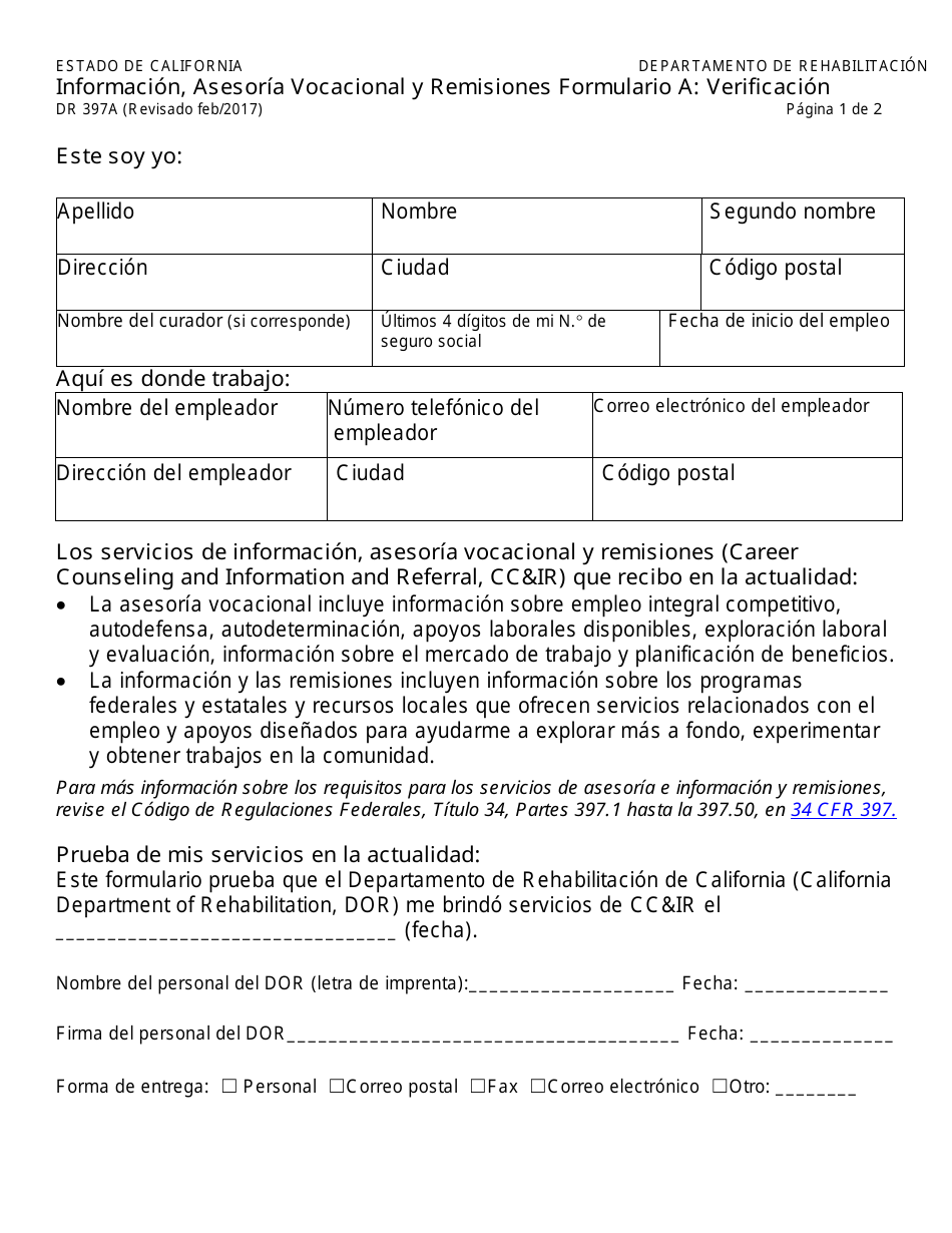Formulario DR397A Informacion, Asesoria Vocacional Y Remisiones Formulario a - Verificacion - California (Spanish), Page 1