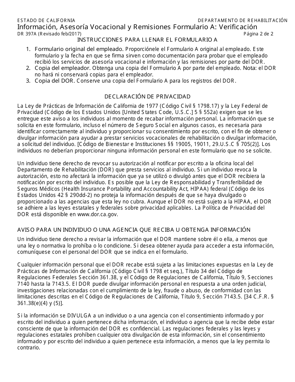 Formulario DR397A Informacion, Asesoria Vocacional Y Remisiones Formulario a - Verificacion - California (Spanish), Page 2