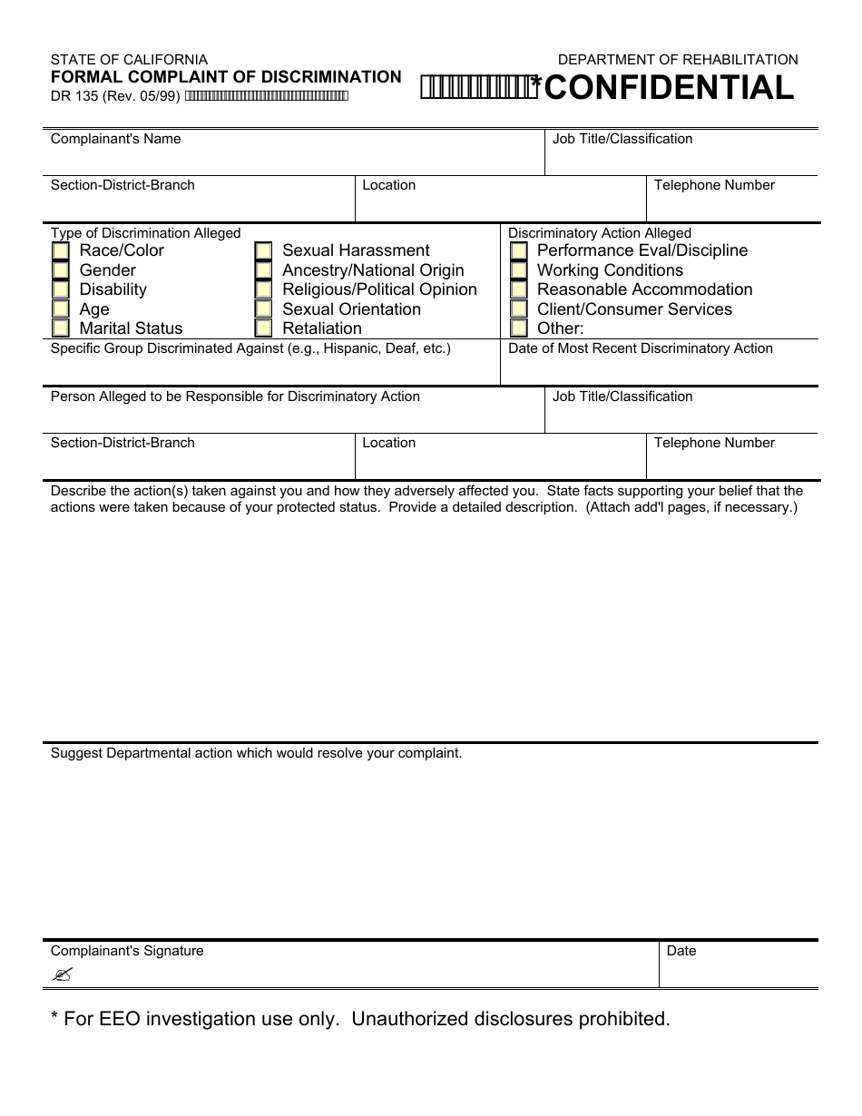 Form DR135 Formal Complaint of Discrimination - California, Page 1