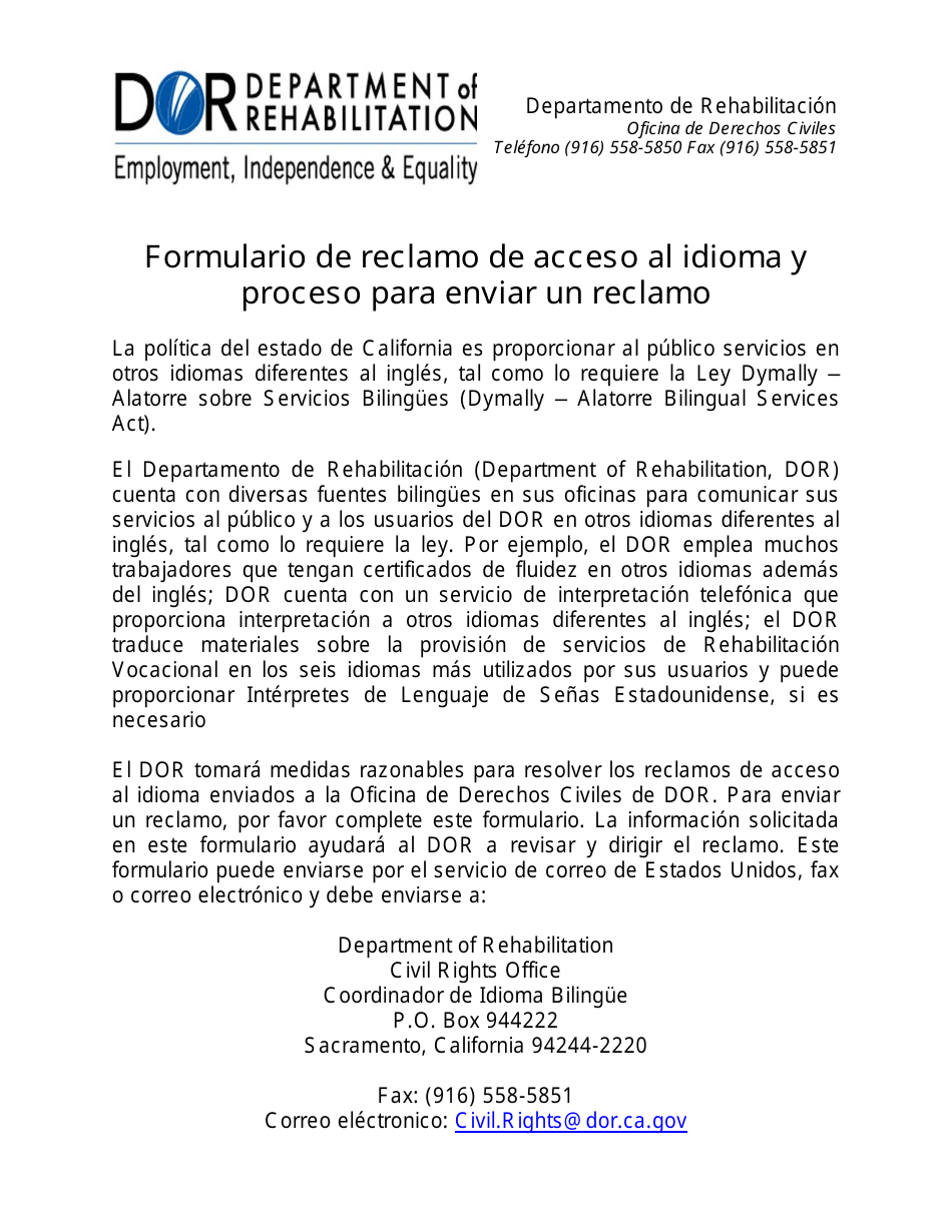 Formulario De Reclamo De Acceso Al Idioma - California (Spanish), Page 1