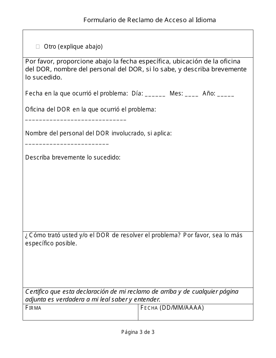 Formulario De Reclamo De Acceso Al Idioma - California (Spanish), Page 3
