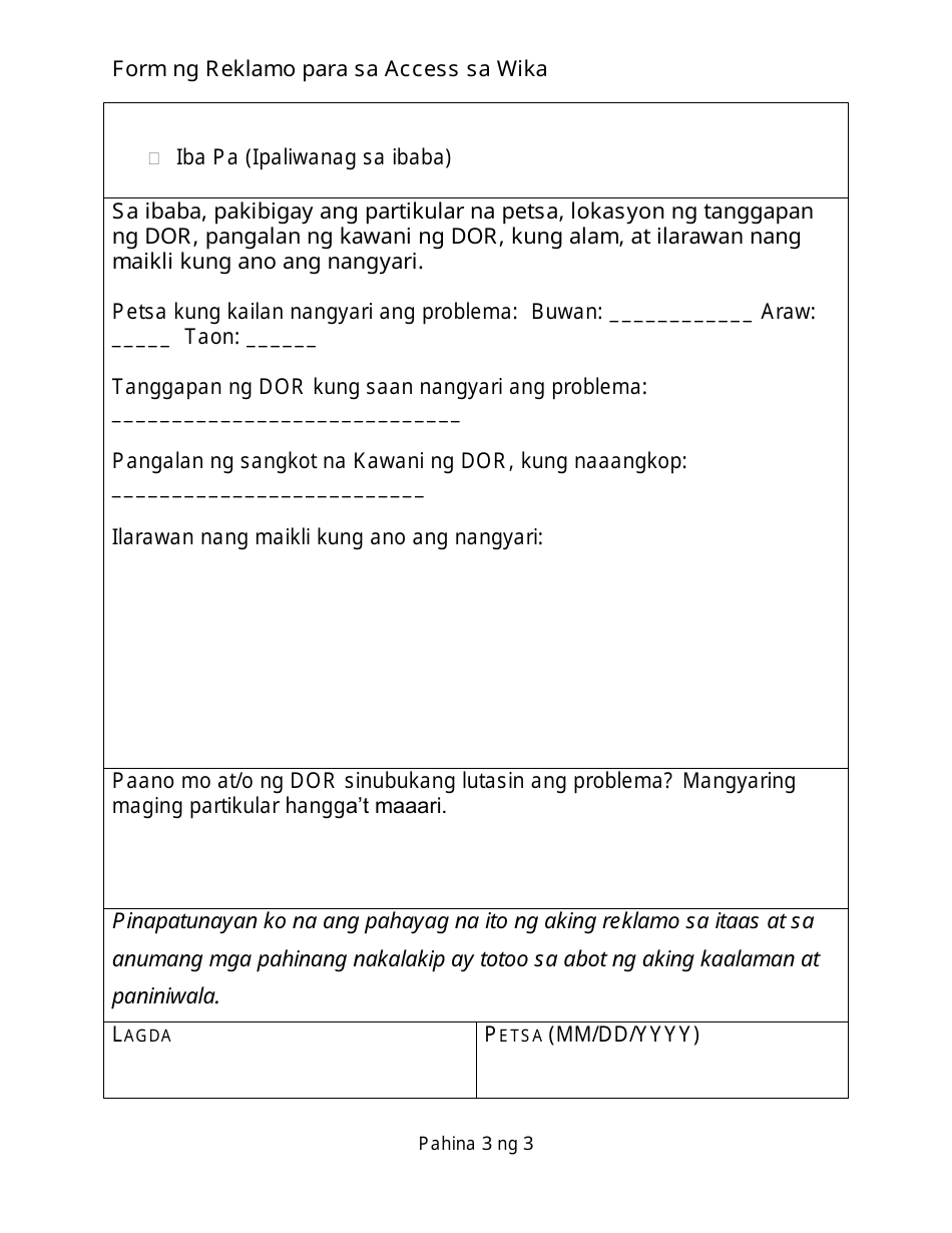 Language Access Complaint Form - California (Tagalog), Page 3