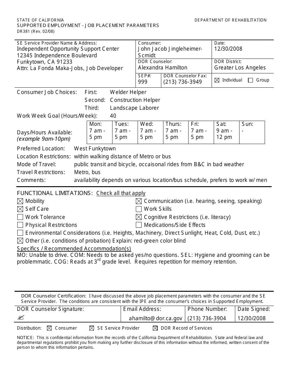 Sample Form DR381 Supported Employment - Job Placement Parameters - California, Page 1