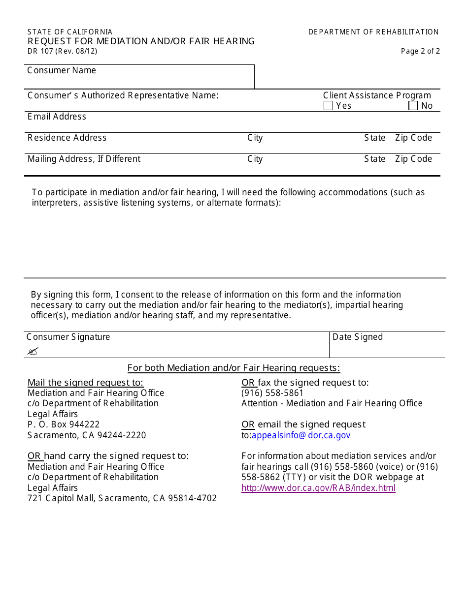 Form DR107 Request for Mediation and / or Fair Hearing - California, Page 2