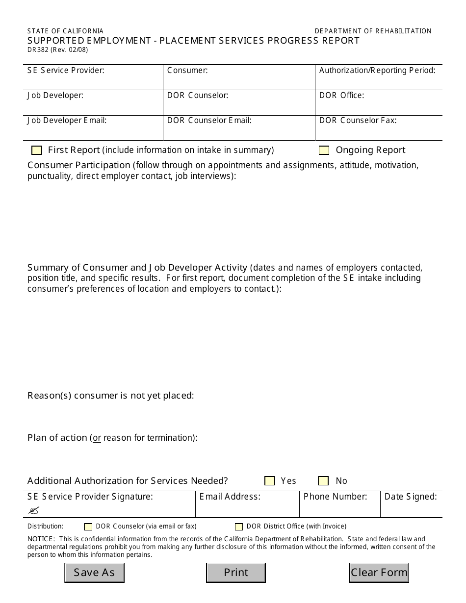 Form DR382 Supported Employment - Placement Services Progress Report - California, Page 1