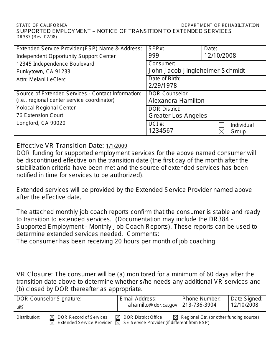 Sample Form DR387 Supported Employment - Notice of Transition to Extended Services - California, Page 1
