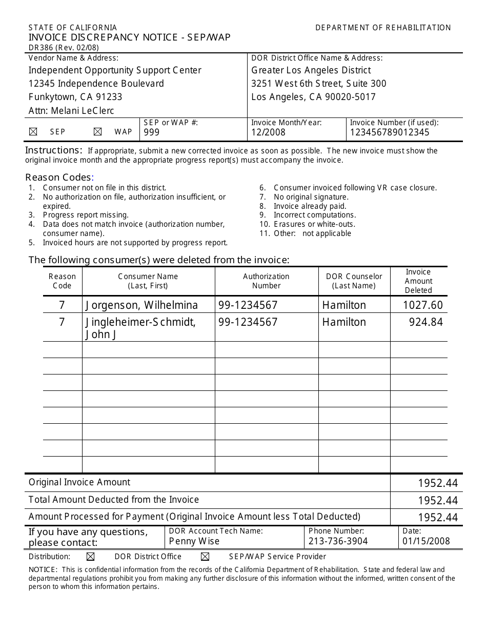 Sample Form DR386 Invoice Discrepancy Notice - Sep / Wap - California, Page 1