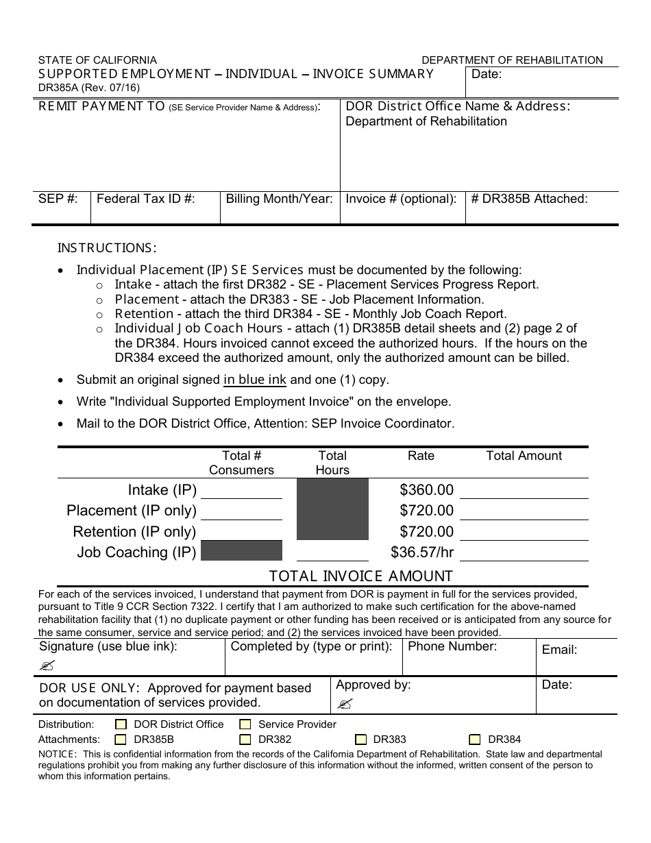 Form DR385A Supported Employment - Individual - Invoice Summary - California, Page 1