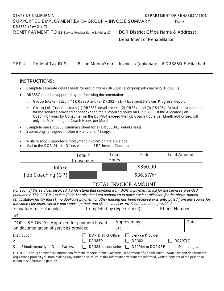 Form DR385C Supported Employment (Se) - Group - Invoice Summary - California, Page 1
