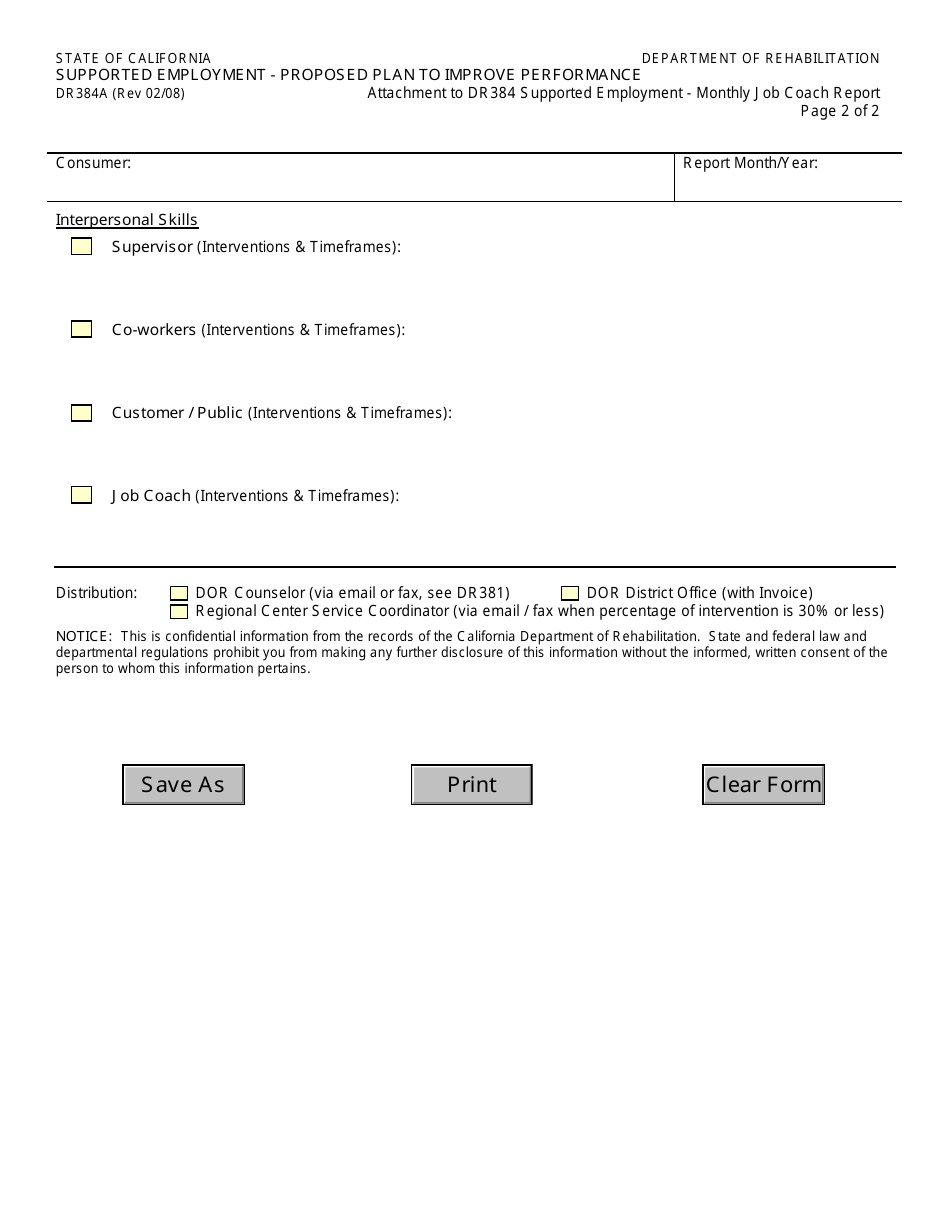 Form DR384A Supported Employment - Proposed Plan to Improve Performance - California, Page 2