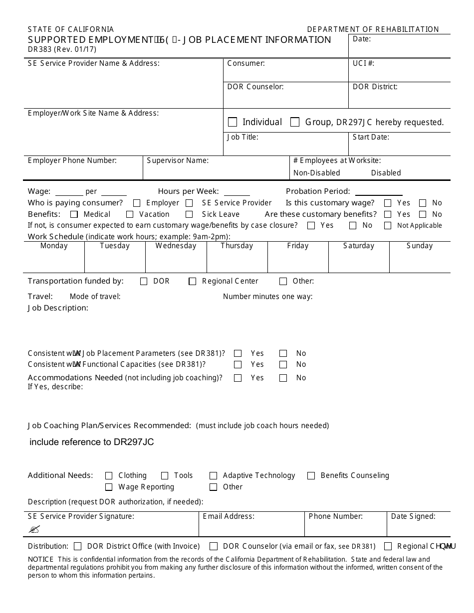 Form DR383 Supported Employment (Se) - Job Placement Information - California, Page 1