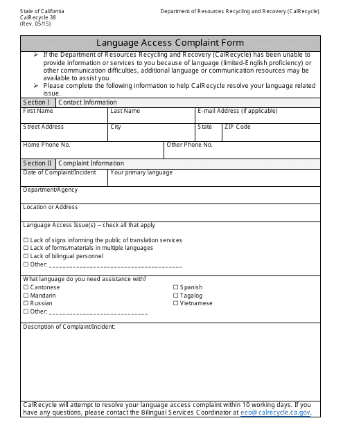 Form CalRecycle38 Language Access Complaint Form - California