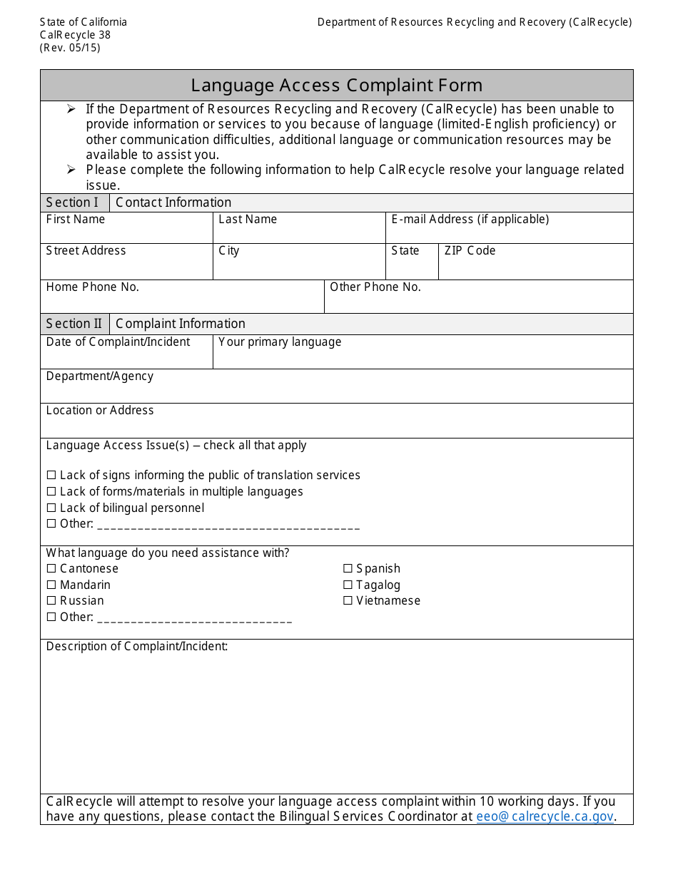 Form CalRecycle38 Language Access Complaint Form - California, Page 1