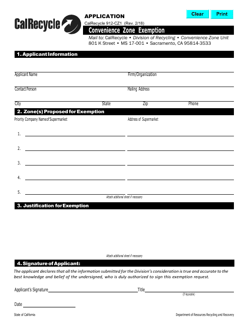 Form CalRecycle912-CZ1 Application for Convenience Zone Exemption - California