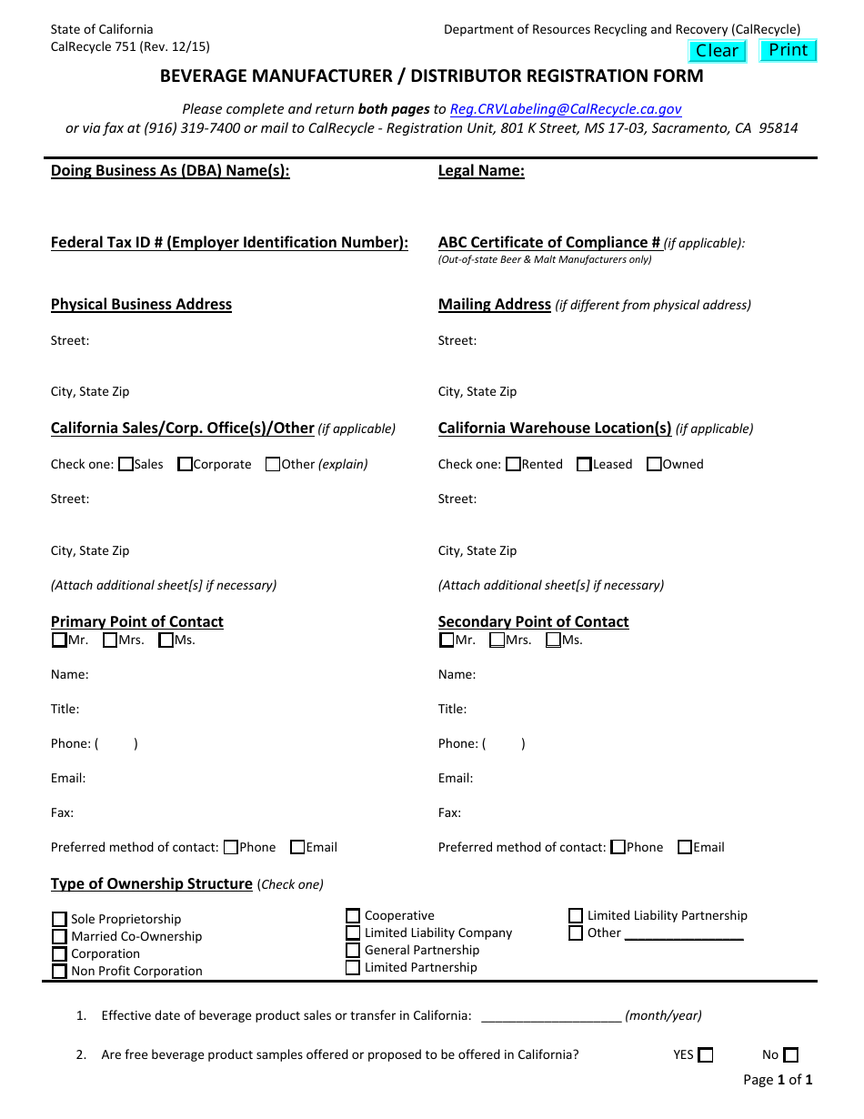 Form CalRecycle751 Beverage Manufacturer / Distributor Registration Form - California, Page 1