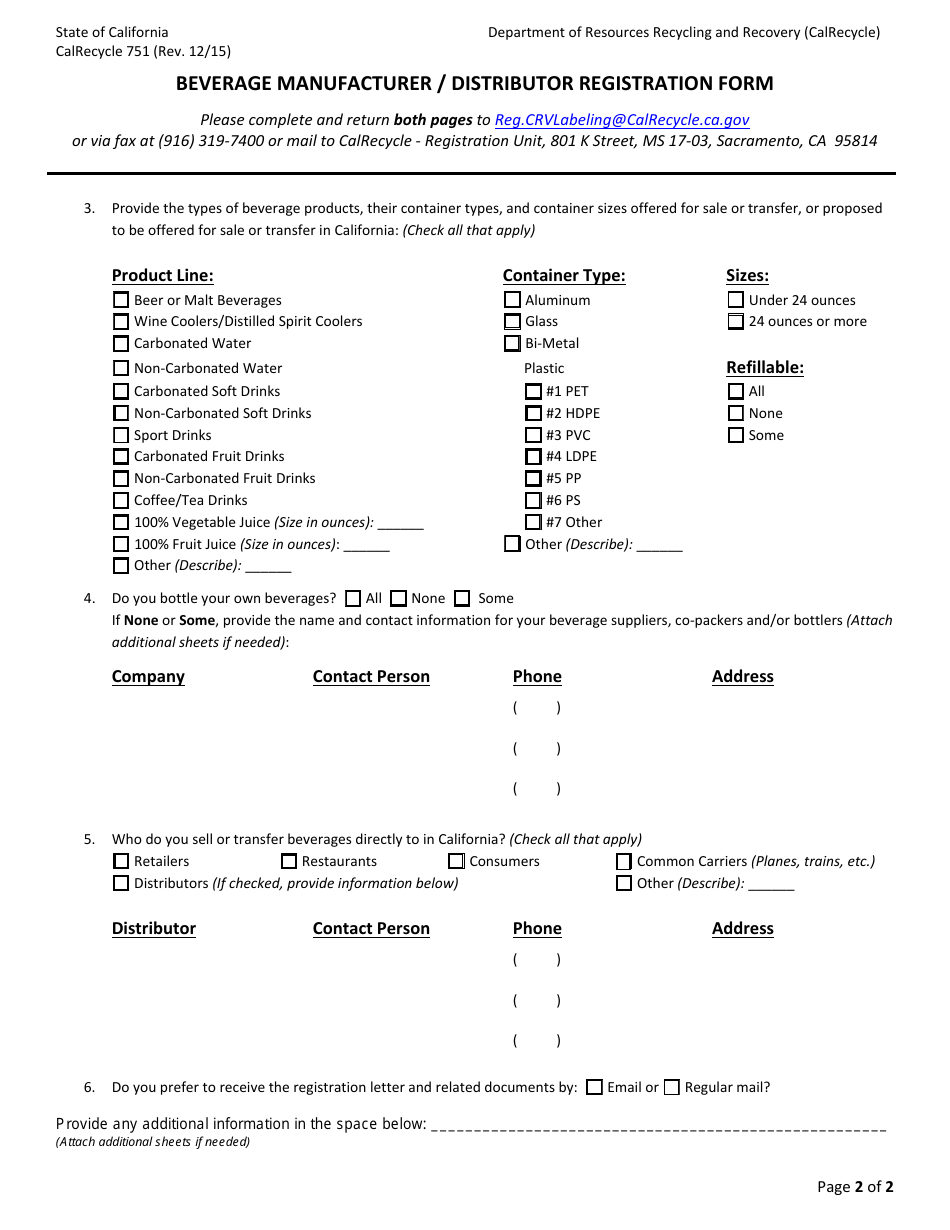 Form CalRecycle751 Beverage Manufacturer / Distributor Registration Form - California, Page 2