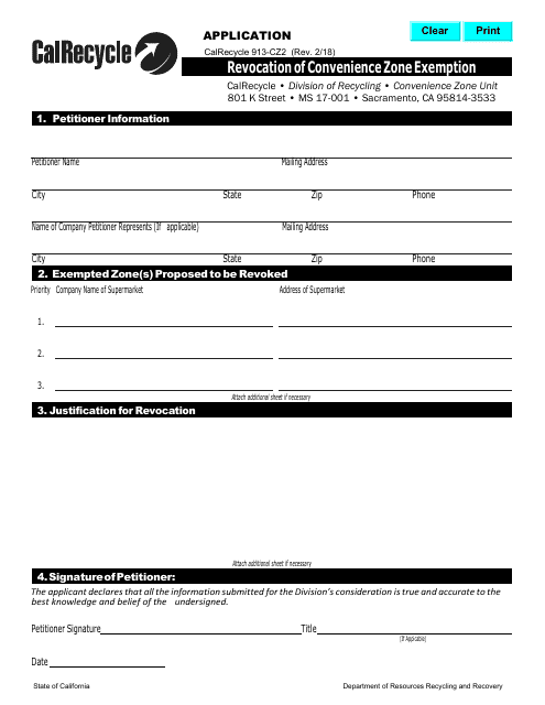 Form CalRecycle913-CZ2 Application for Revocation of Convenience Zone Exemption - California