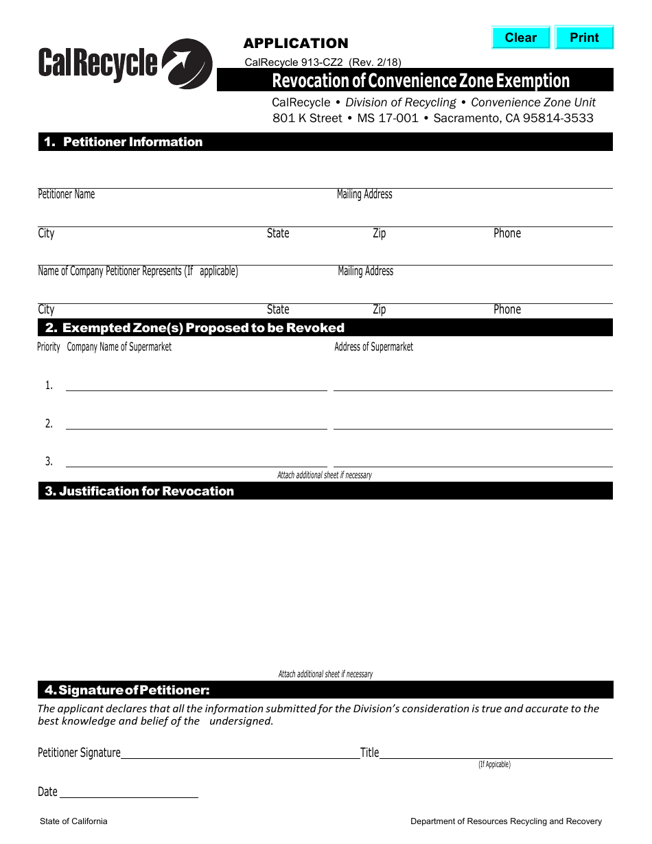 Form CalRecycle913-CZ2 Application for Revocation of Convenience Zone Exemption - California, Page 1