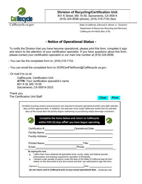 Form CalRecycle914-NOS Notice of Operational Status - California