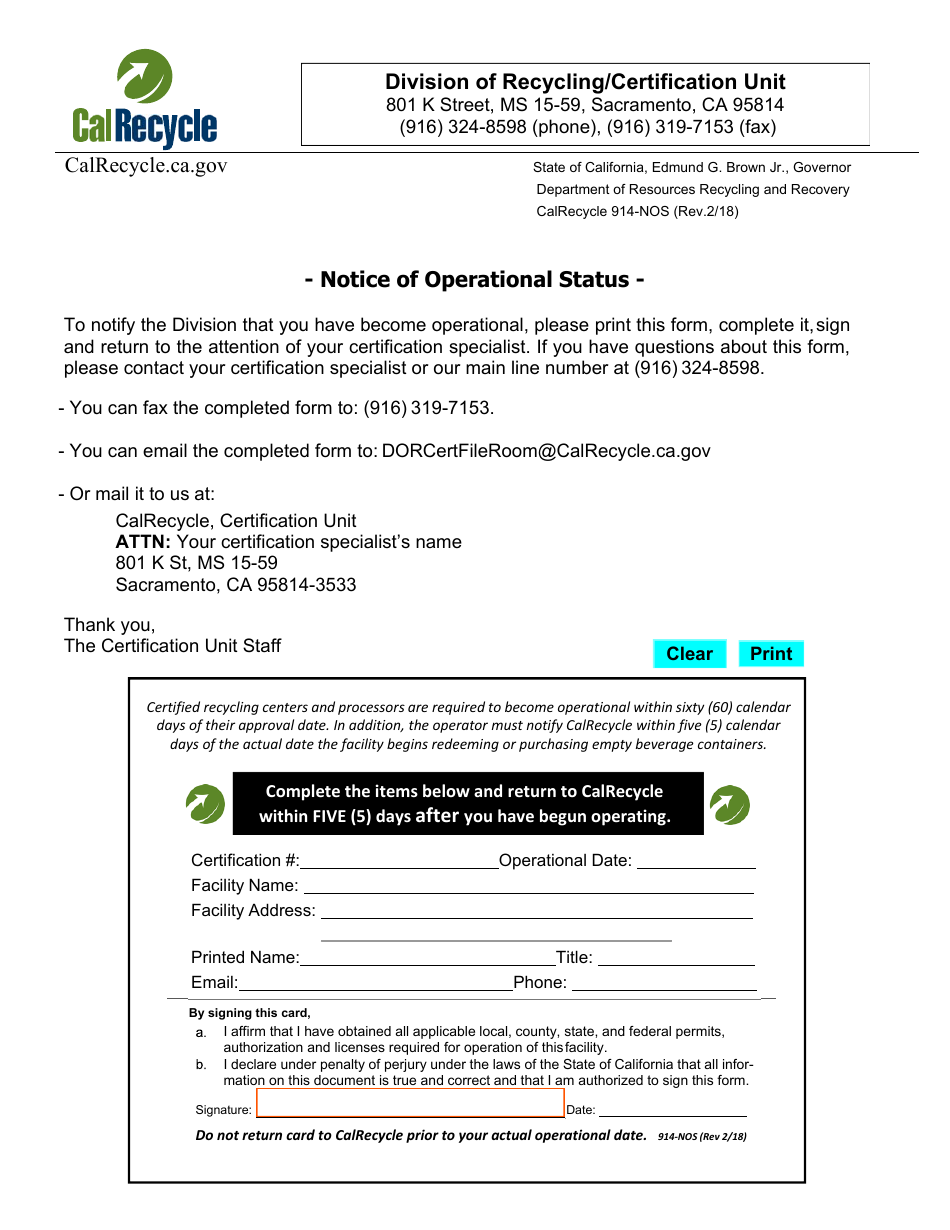 Form CalRecycle914-NOS Notice of Operational Status - California, Page 1