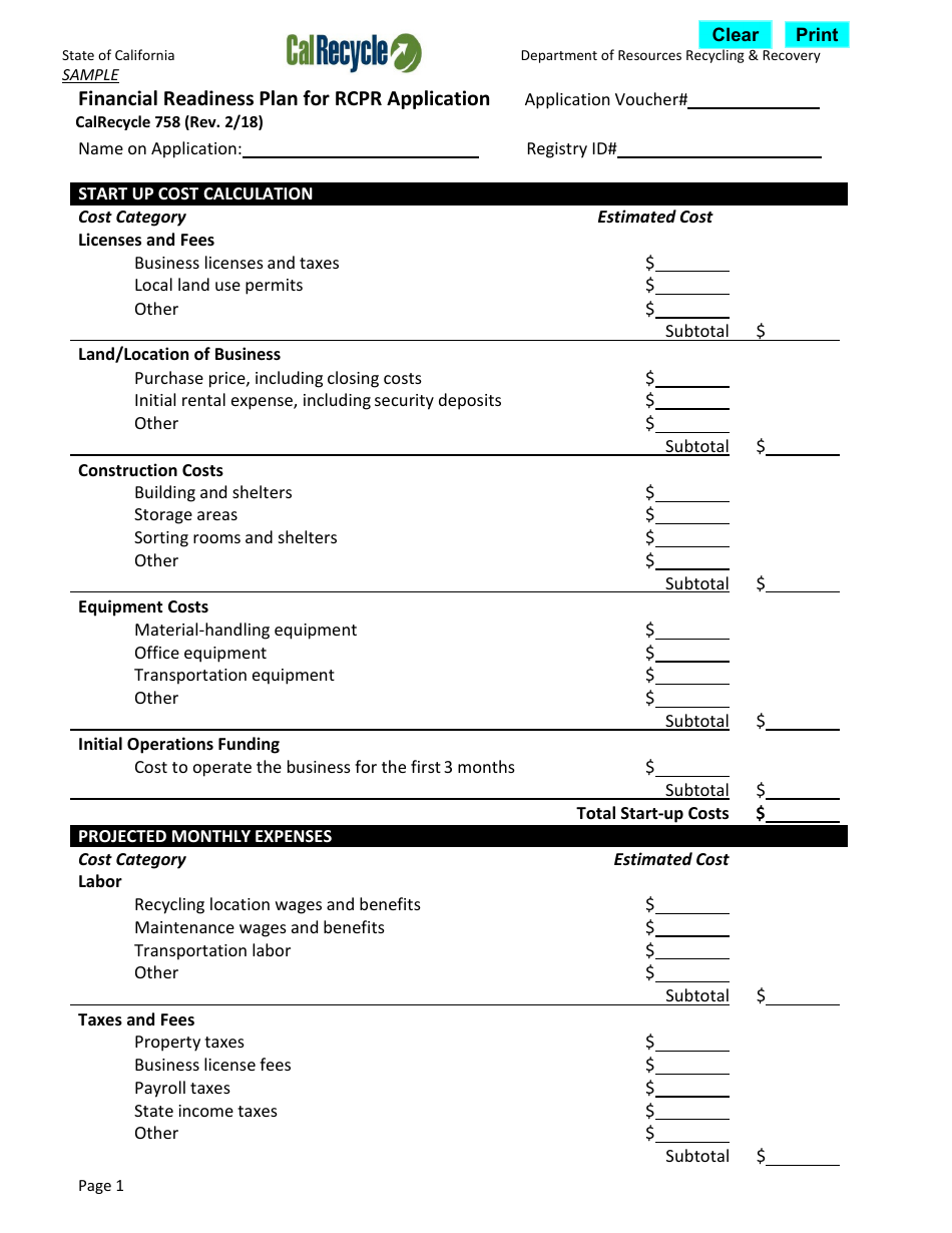 Form CalRecycle758 Financial Readiness Plan for Rcpr Application - California, Page 1