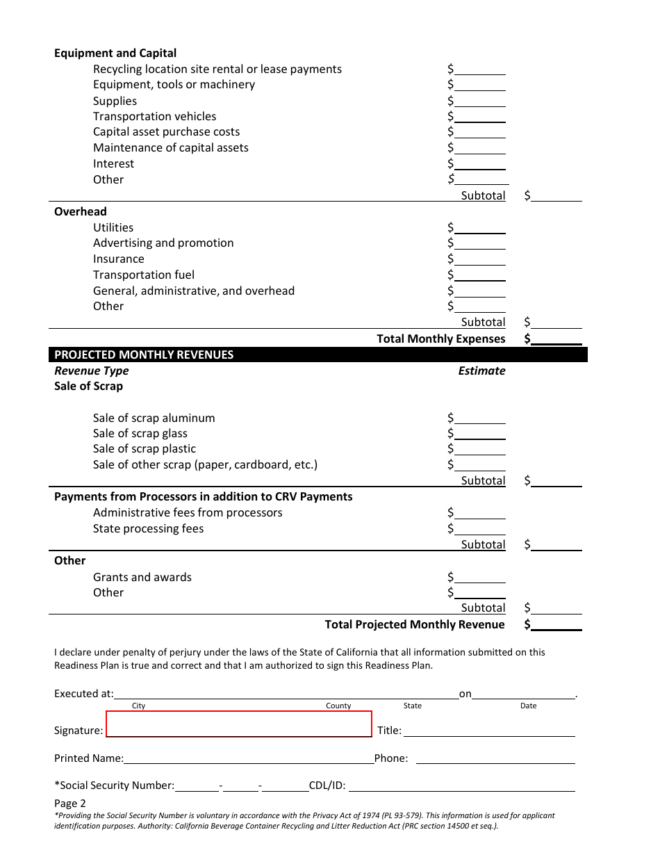 Form CalRecycle758 Financial Readiness Plan for Rcpr Application - California, Page 2