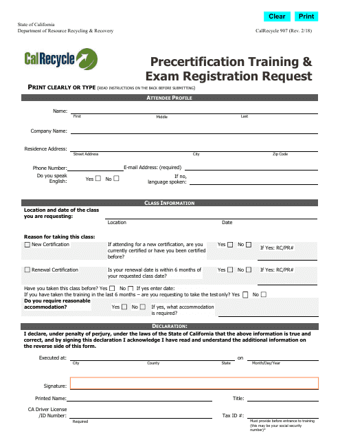 Form CalRecycle907 Precertification Training and Exam Registration Request - California