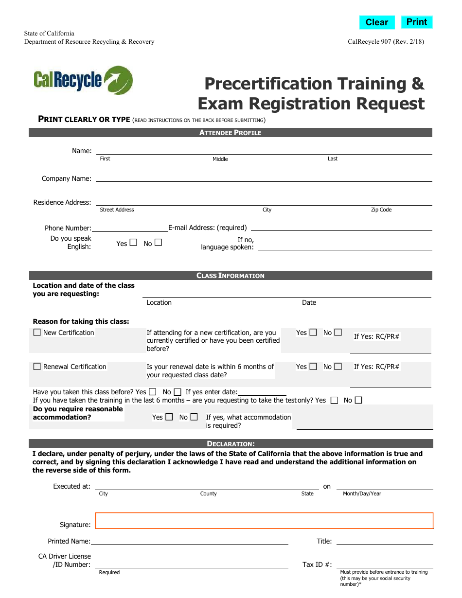 Form CalRecycle907 Precertification Training and Exam Registration Request - California, Page 1