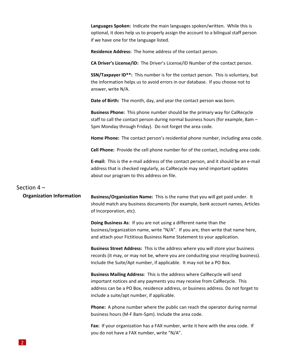 Instructions for Form CalRecycle770 Certification Application for Recycling Centers and Processors - California, Page 2