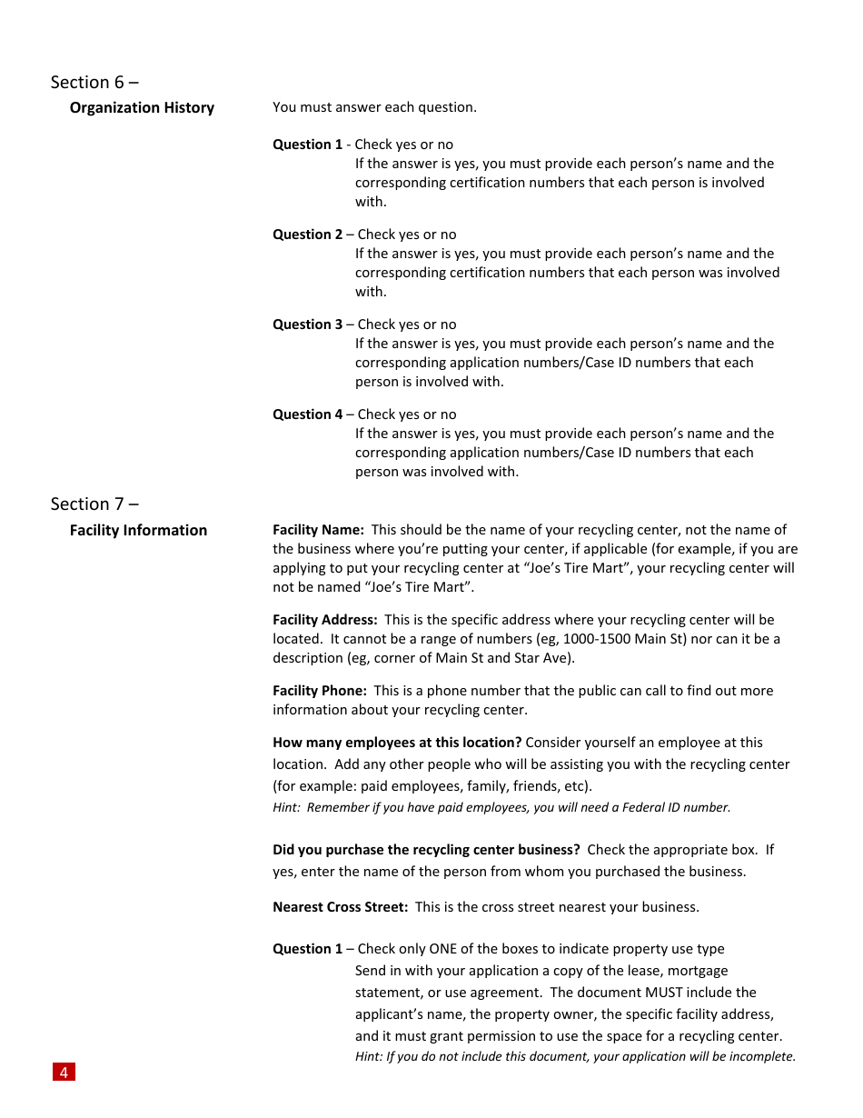 Instructions for Form CalRecycle770 Certification Application for Recycling Centers and Processors - California, Page 4