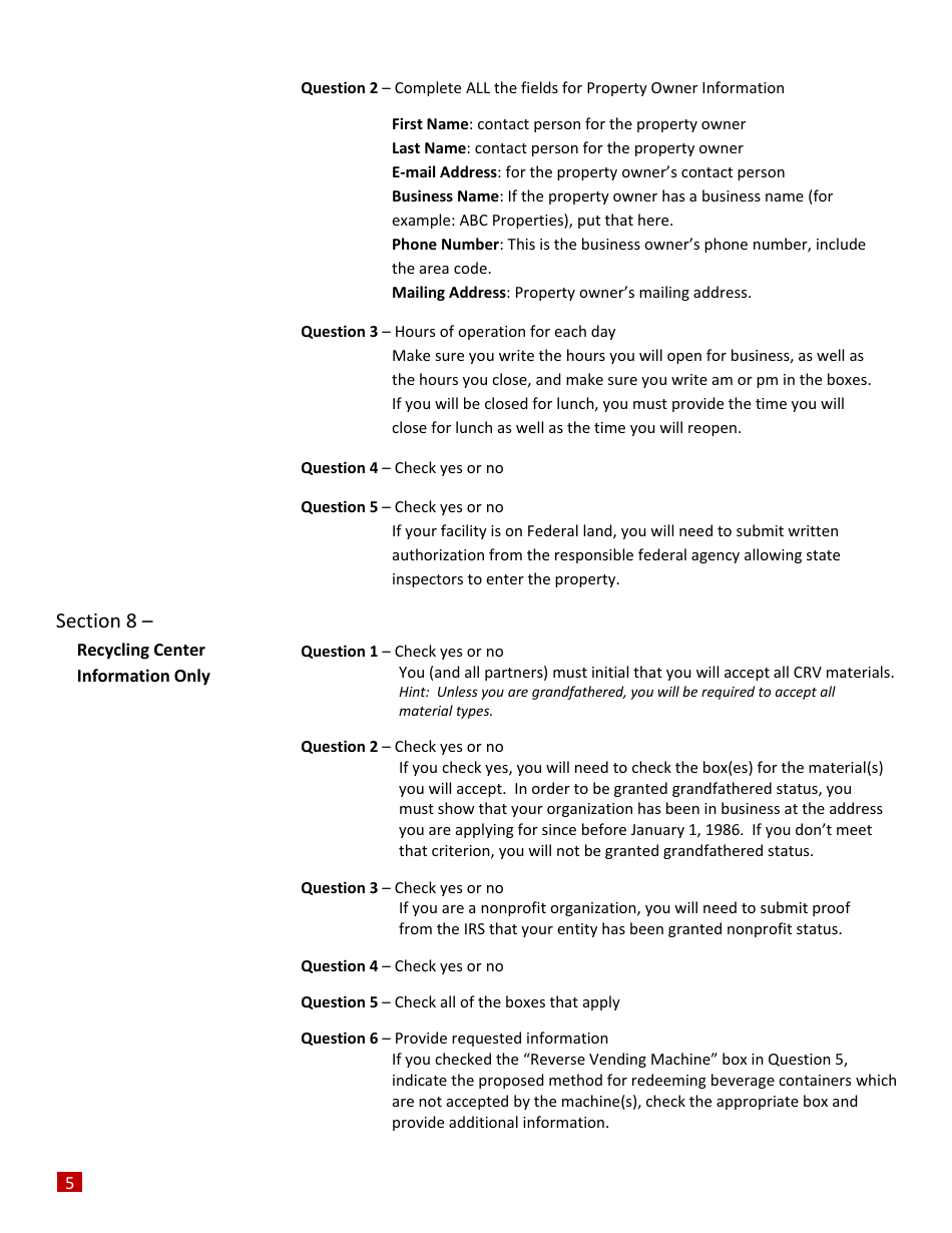 Instructions for Form CalRecycle770 Certification Application for Recycling Centers and Processors - California, Page 5