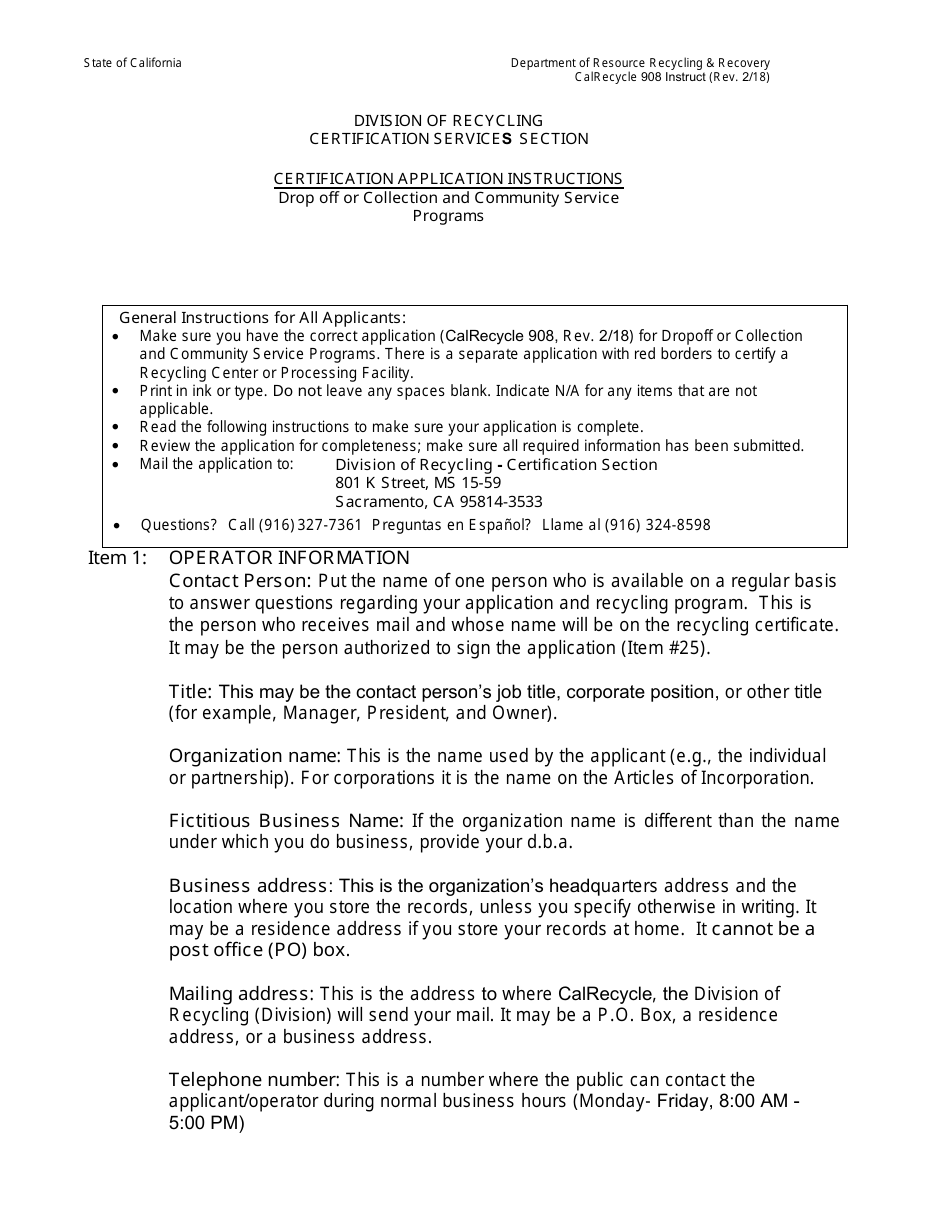 Instructions for Form CalRecycle908 Certification Application for Dropoff or Collection  Community Service Programs - California, Page 1