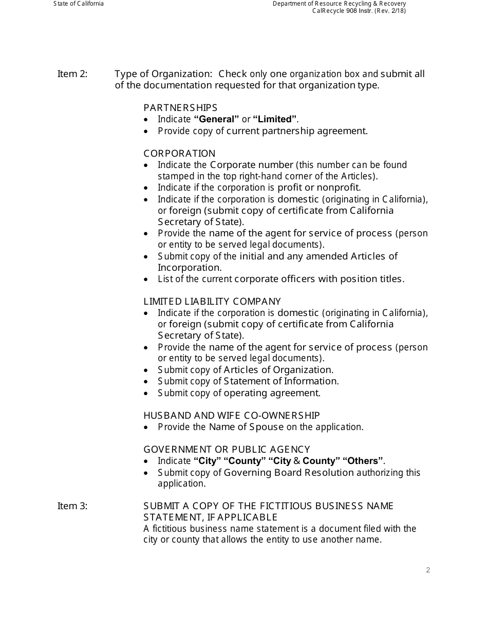 Instructions for Form CalRecycle908 Certification Application for Dropoff or Collection  Community Service Programs - California, Page 2