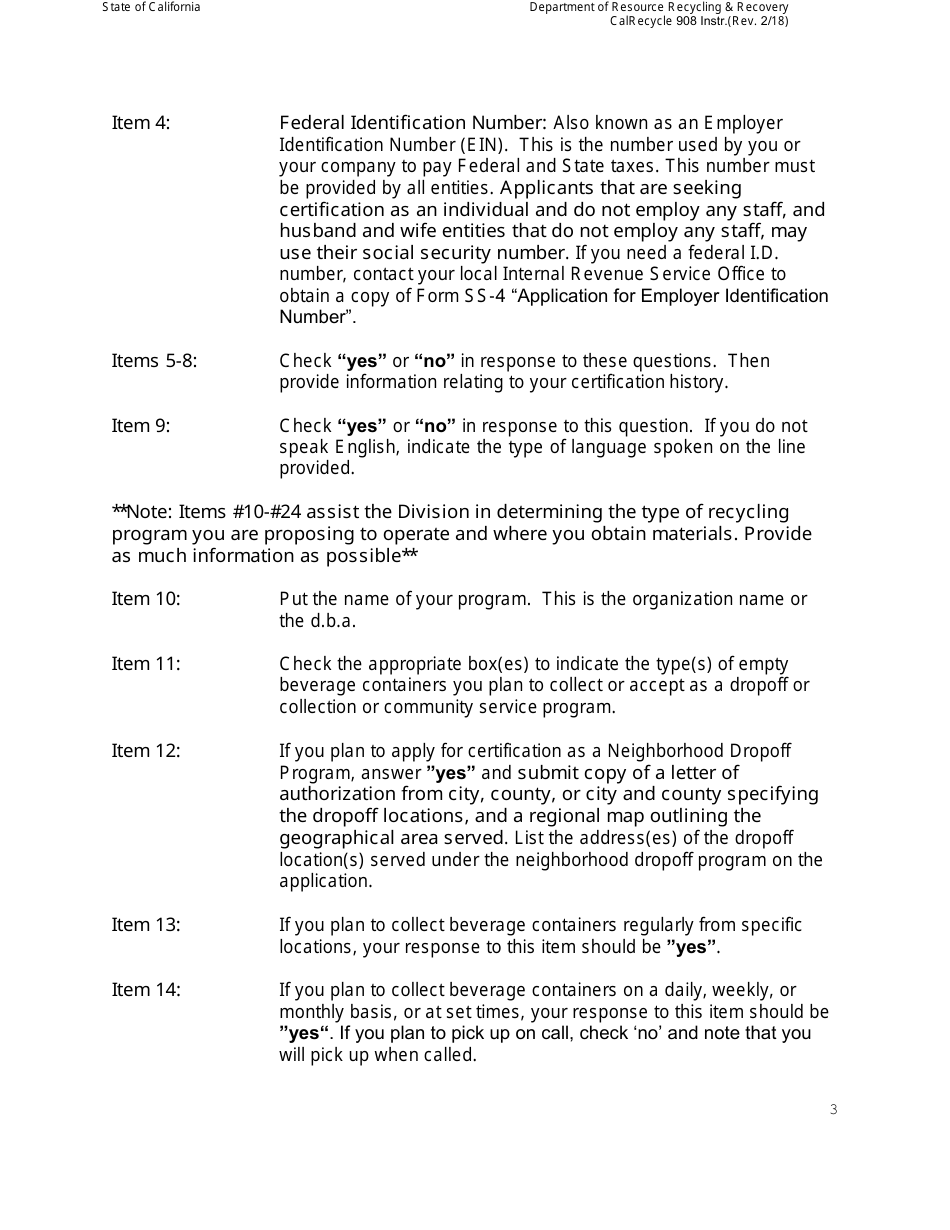 Instructions for Form CalRecycle908 Certification Application for Dropoff or Collection  Community Service Programs - California, Page 3