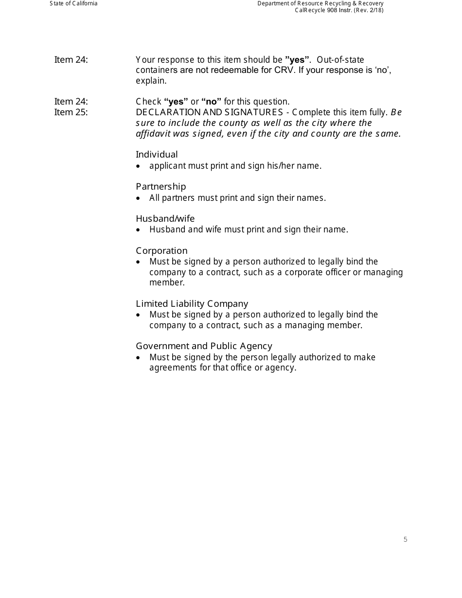 Instructions for Form CalRecycle908 Certification Application for Dropoff or Collection  Community Service Programs - California, Page 5