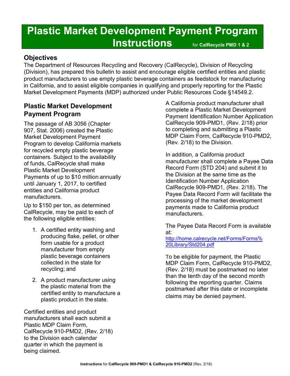 Instructions for Form CalRecycle909-PMD1, CalRecycle910-PMD2 Plastic Market Development Payment Manufacturer Identification Number Application and Plastic Market Development Payment Claim - California, Page 1