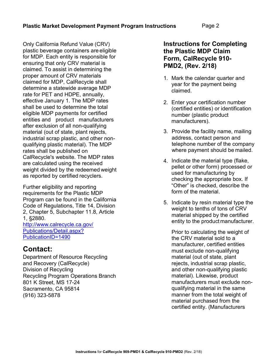 Instructions for Form CalRecycle909-PMD1, CalRecycle910-PMD2 Plastic Market Development Payment Manufacturer Identification Number Application and Plastic Market Development Payment Claim - California, Page 2