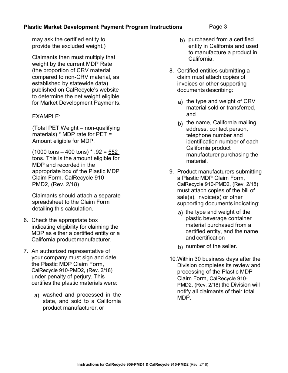 Instructions for Form CalRecycle909-PMD1, CalRecycle910-PMD2 Plastic Market Development Payment Manufacturer Identification Number Application and Plastic Market Development Payment Claim - California, Page 3