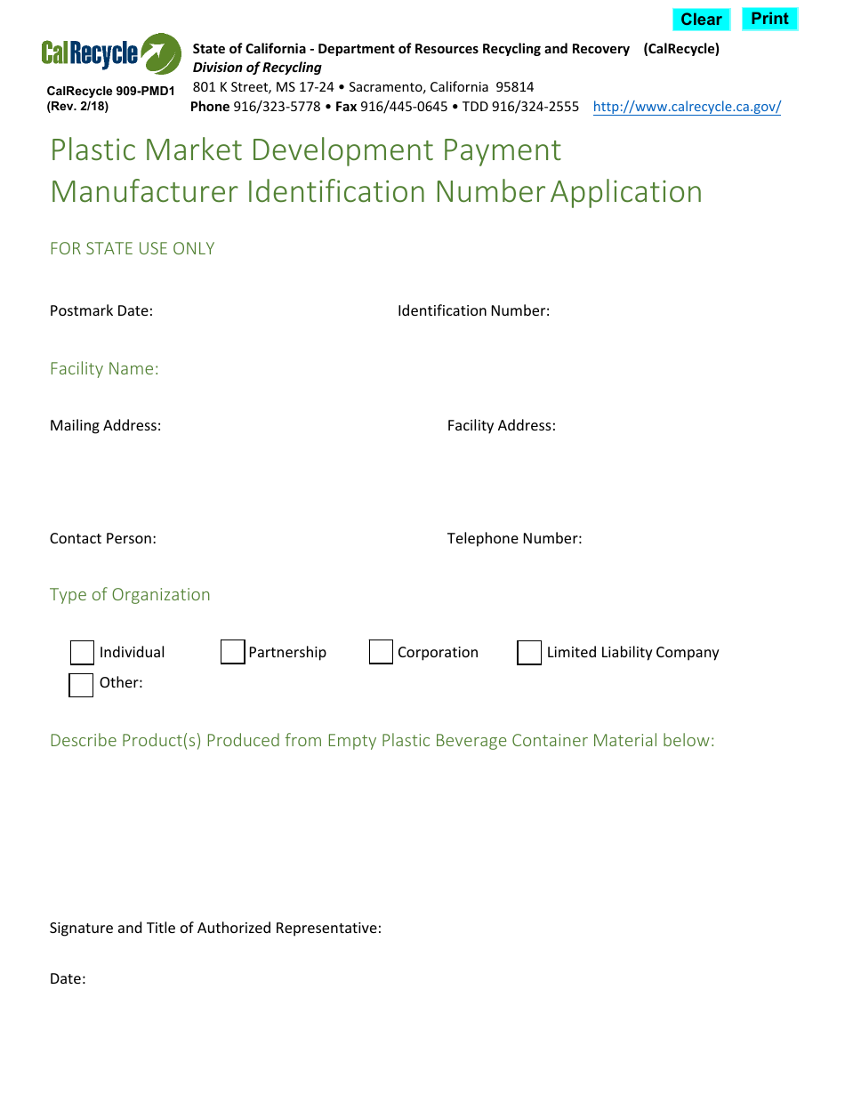 Form CalRecycle909-PMD1 Plastic Market Development Payment Manufacturer Identification Number Application - California, Page 1
