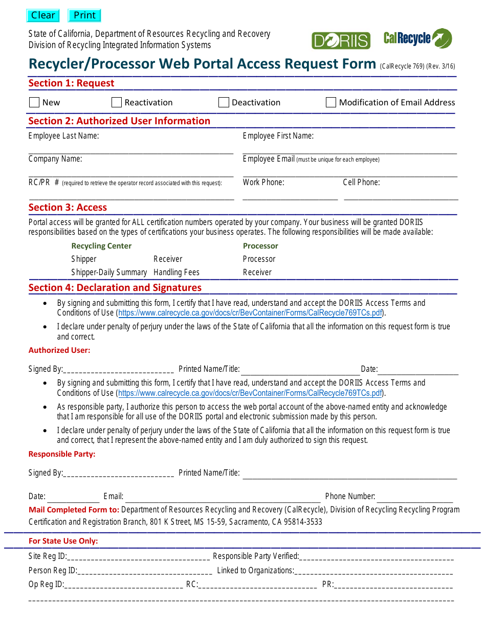 Form CalRecycle769 Recycler / Processor Web Portal Access Request Form - California, Page 1