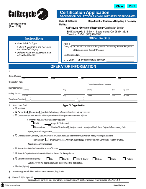Form CalRecycle908 Certification Application for Dropoff or Collection & Community Service Programs - California