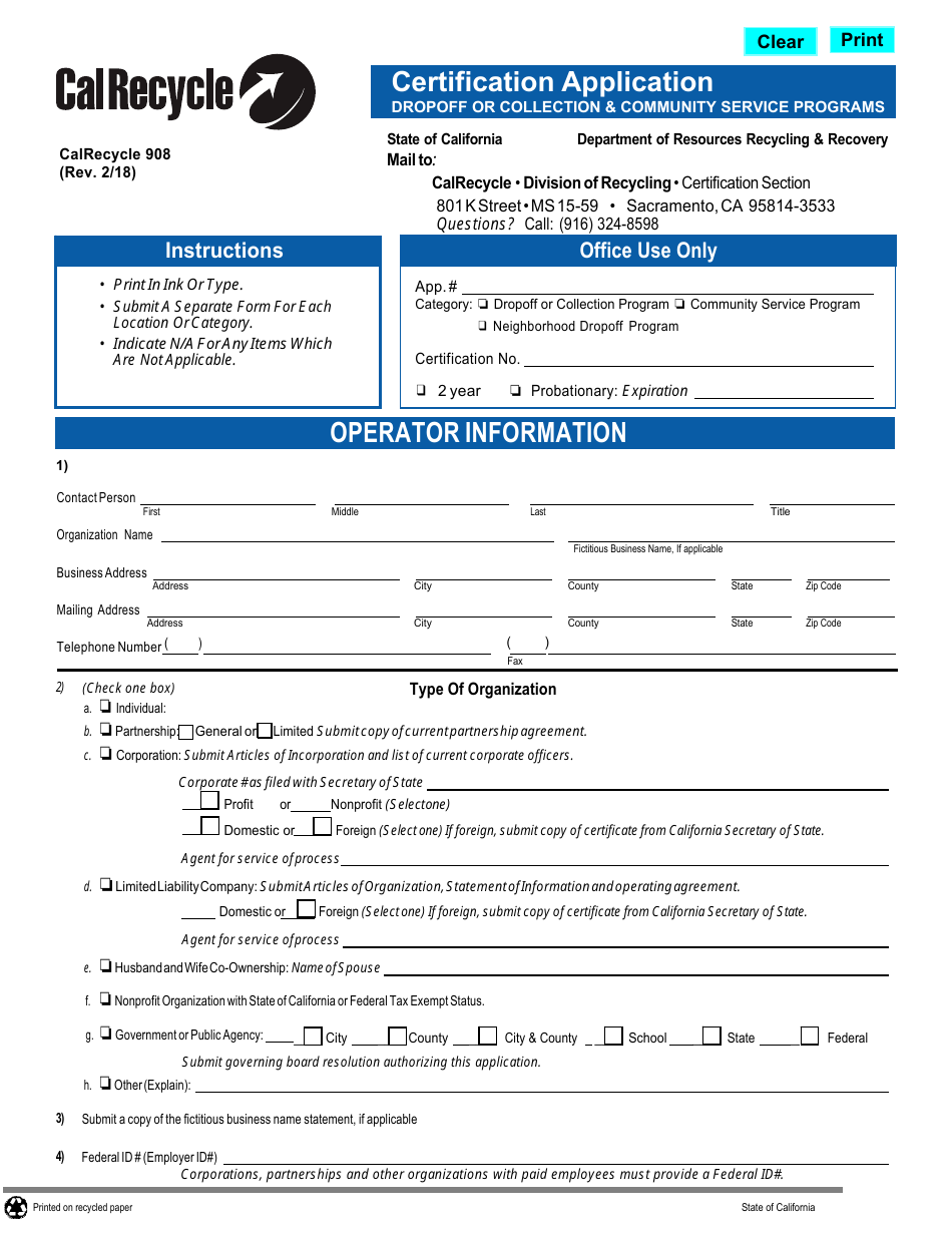 Form CalRecycle908 Certification Application for Dropoff or Collection  Community Service Programs - California, Page 1