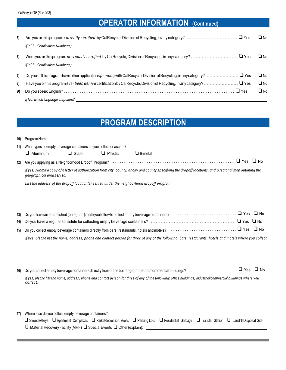 Form CalRecycle908 Certification Application for Dropoff or Collection  Community Service Programs - California, Page 2