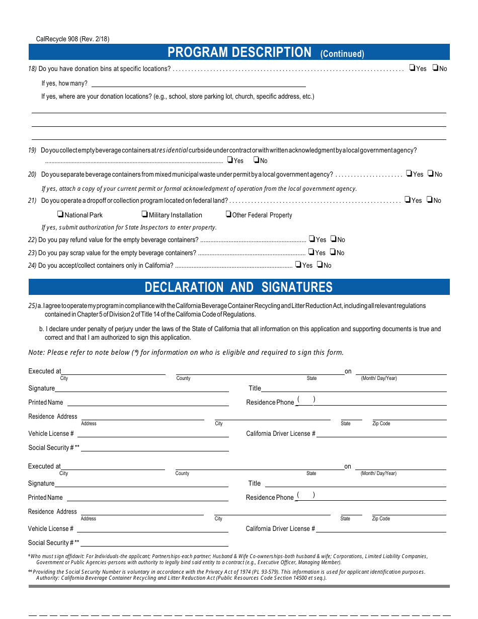 Form CalRecycle908 Certification Application for Dropoff or Collection  Community Service Programs - California, Page 3